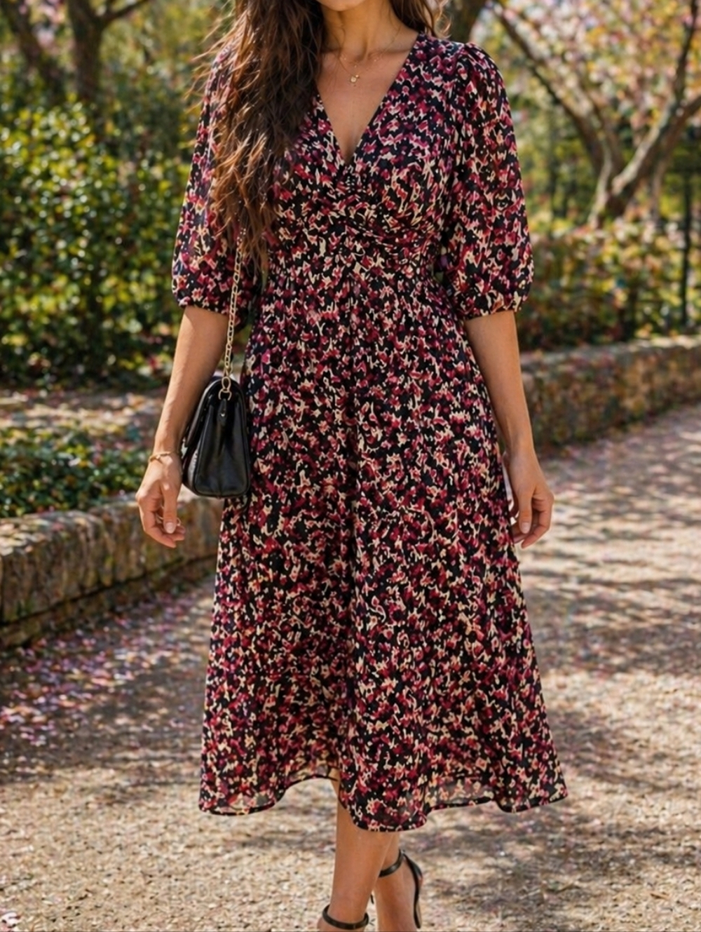 NWT Garcia Pink Black Printed Mesh Midi Dress Puff Balloon Sleeve Fairy Grunge